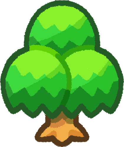 a tree with three bright green round sections of leaves and a brown trunk, the leaves are showed in a zig-zag pattern